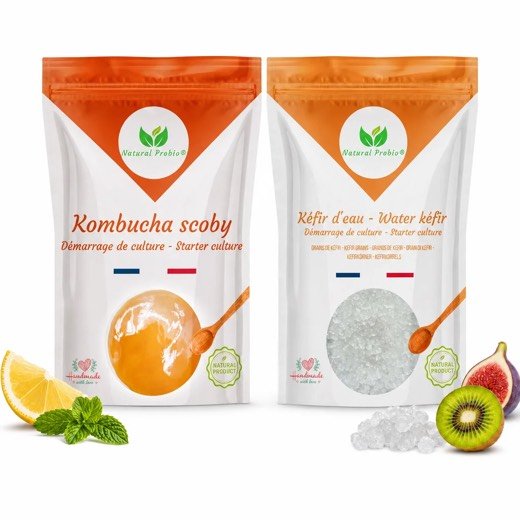 Duo Natural Probio : sachet de grains de kéfir de fruit et sachet de SCOBY de kombucha