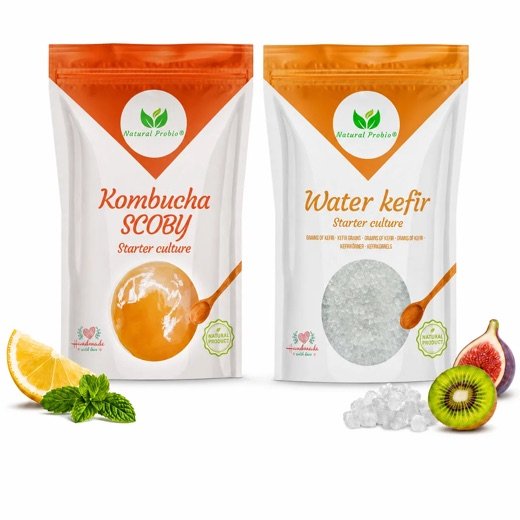 Duo Natural Probio : sachet de grains de kéfir de fruit et sachet de SCOBY de kombucha